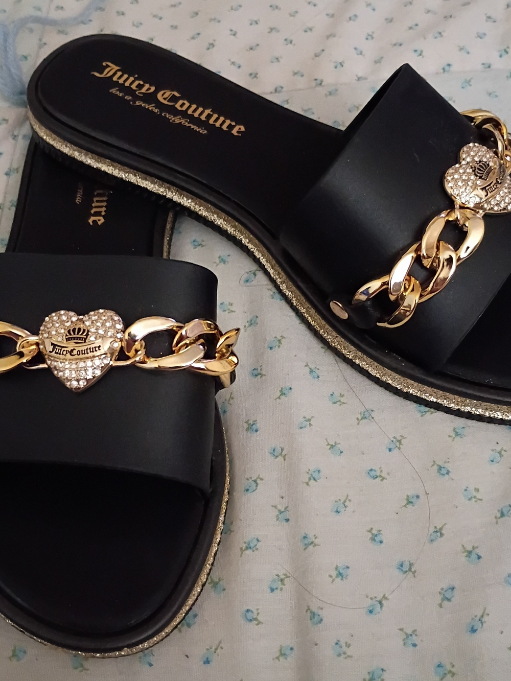 Juicy Couture Black Slide Sandals with Gold Heart Chain
